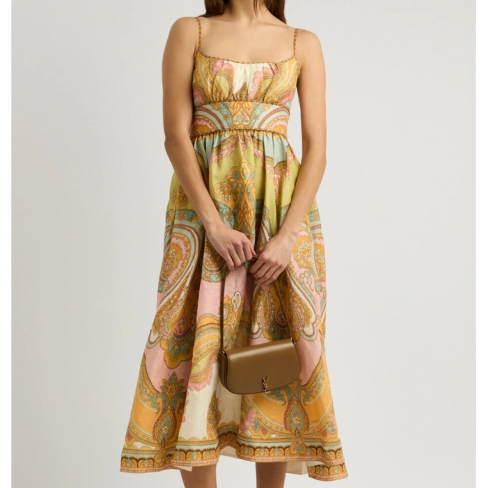 Zimmermann Maxine Printed Linen Long Dress - Multiple Patterned Combination Stra